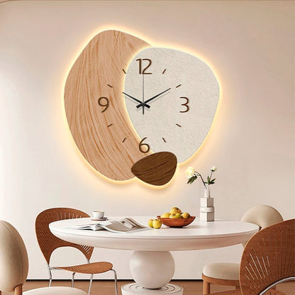 Modern LED wall clock for living room with a unique wooden design and soft backlighting