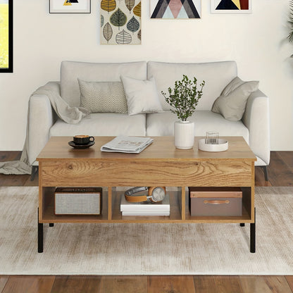 Nutshell lift-top coffee table with storage, featuring a warm wood finish and spacious compartments