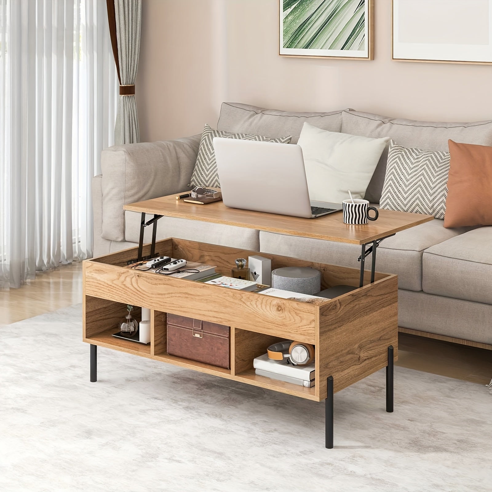 Nutshell lift-top coffee table with storage featuring multiple compartments and a modern design