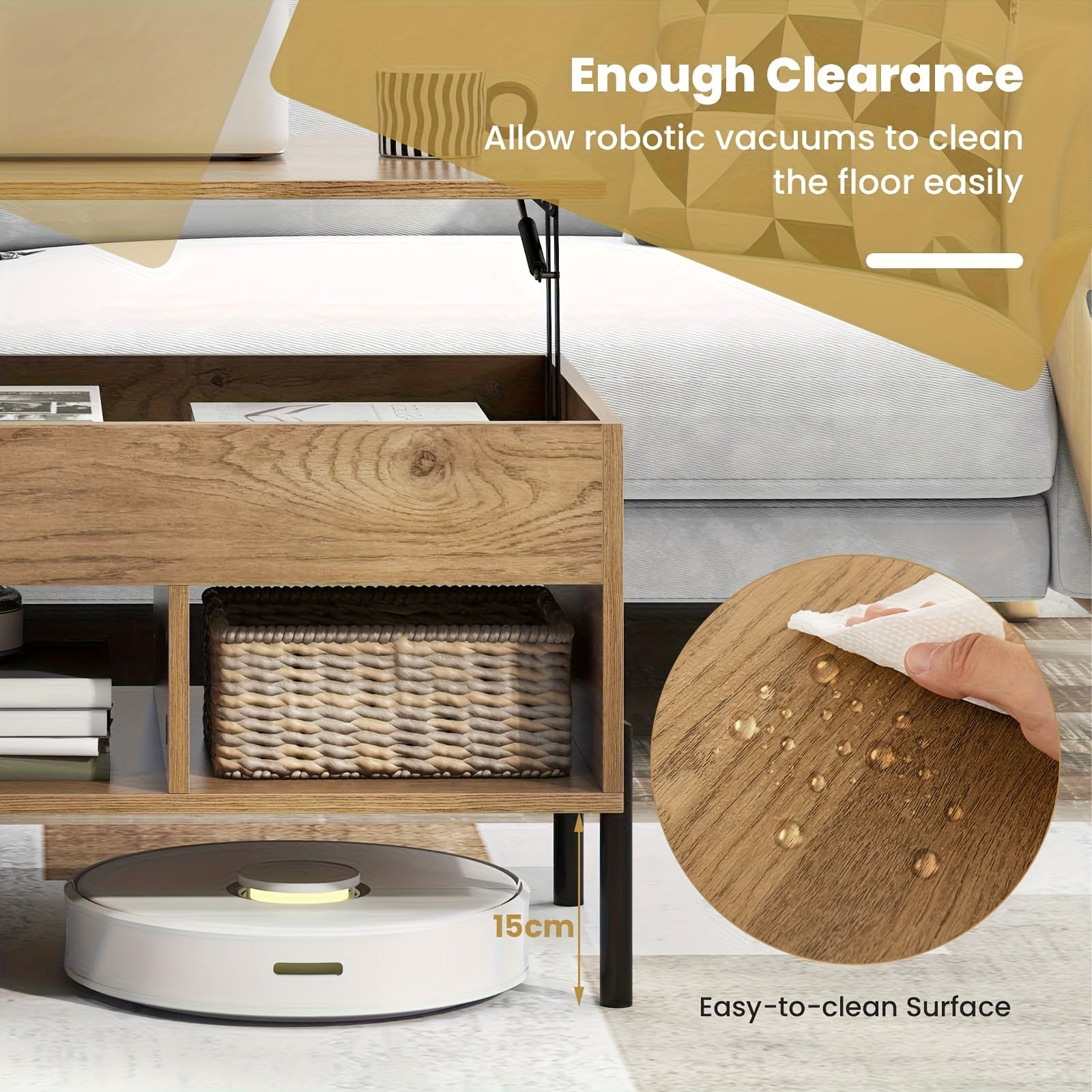 Nutshell lift-top coffee table with storage featuring easy-clean surface and clearance for robotic vacuums