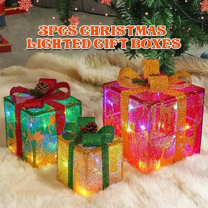 3 PCS Christmas lighted gift box set with colorful lights and decorative bows for festive decor