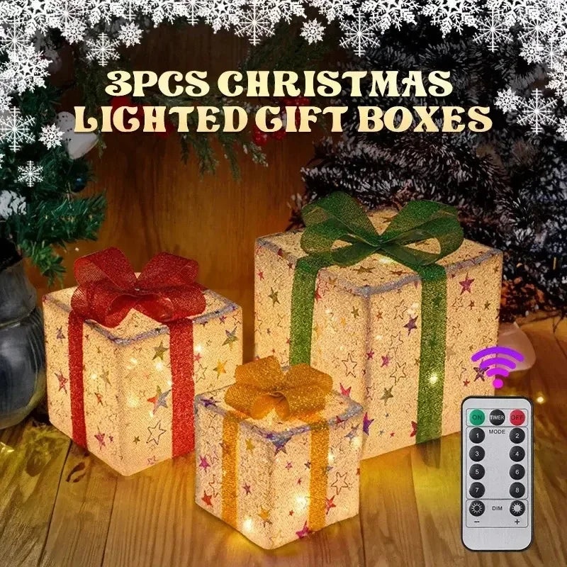 3pcs Christmas lighted gift box set with colorful bows, perfect for festive holiday decorations
