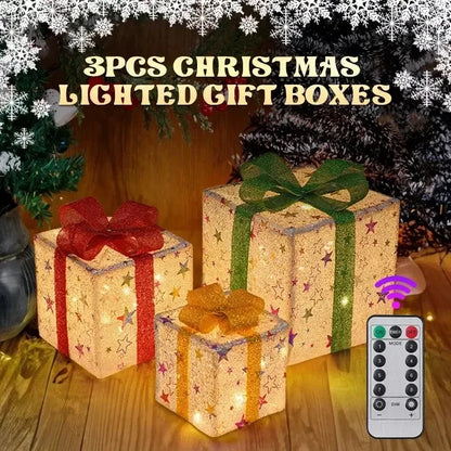 3pcs Christmas lighted gift box set with colorful bows, perfect for festive holiday decorations