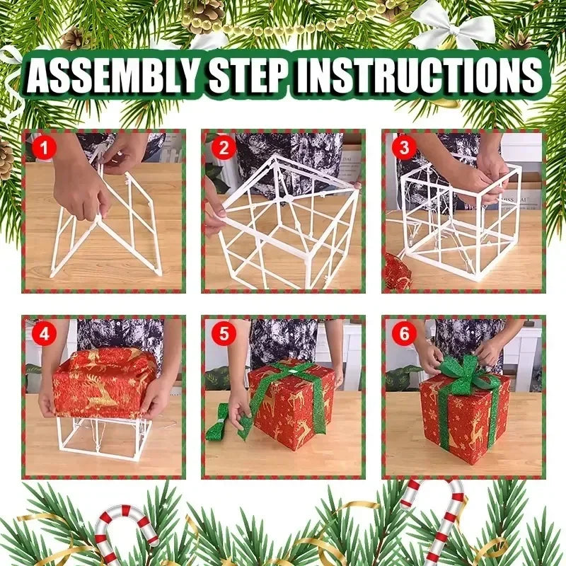 Step-by-step assembly instructions for lighted Christmas gift box set with festive designs