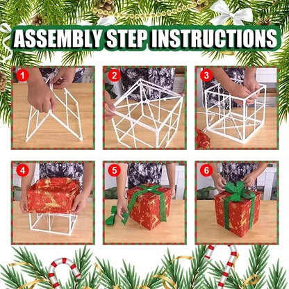 Step-by-step assembly instructions for lighted Christmas gift box set with festive designs