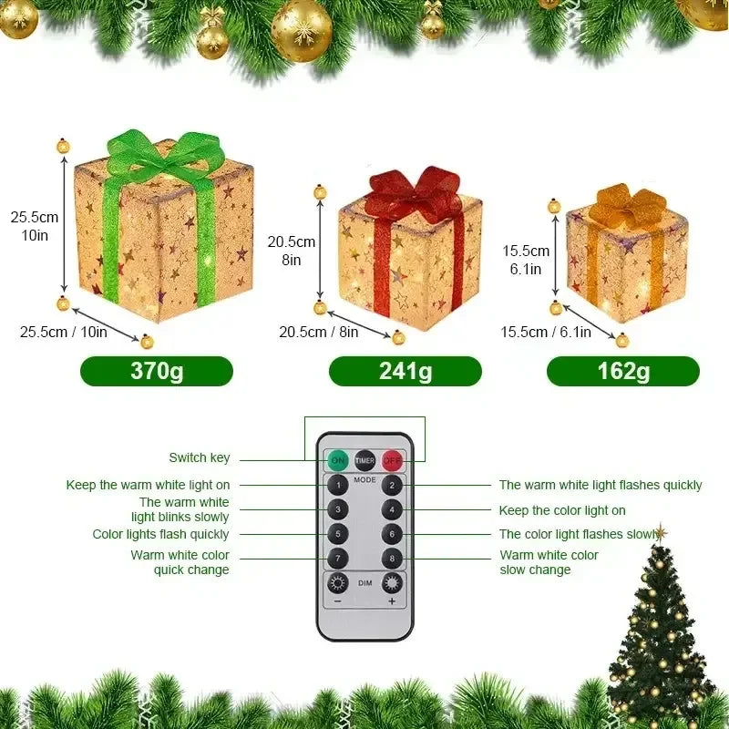 Lighted Christmas gift box set with three varying sizes in festive colors and a remote control for lighting effects