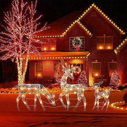 Lighted Christmas reindeer outdoor decoration displayed in a festive backyard with holiday lights