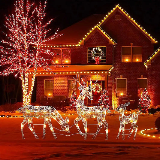 Lighted Christmas reindeer outdoor decoration displayed in a festive backyard with holiday lights