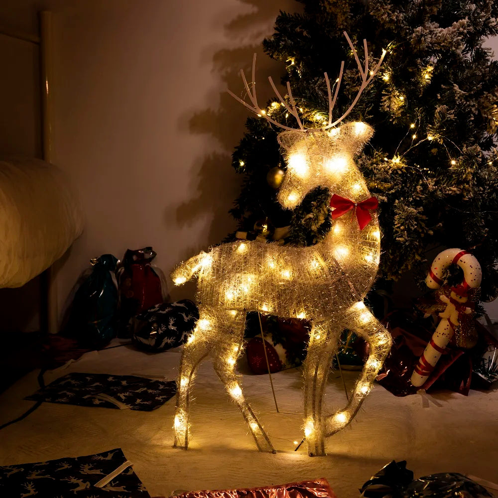 Lighted deer Christmas outdoor decoration with sparkling lights and festive bow, perfect for holiday displays