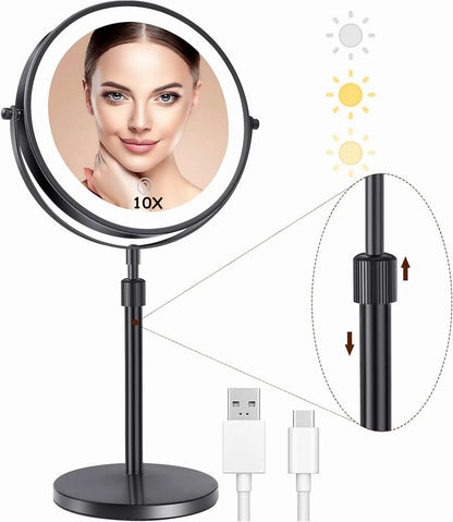 Nutshell lighted magnifying cosmetic mirror with adjustable brightness and 10x magnification