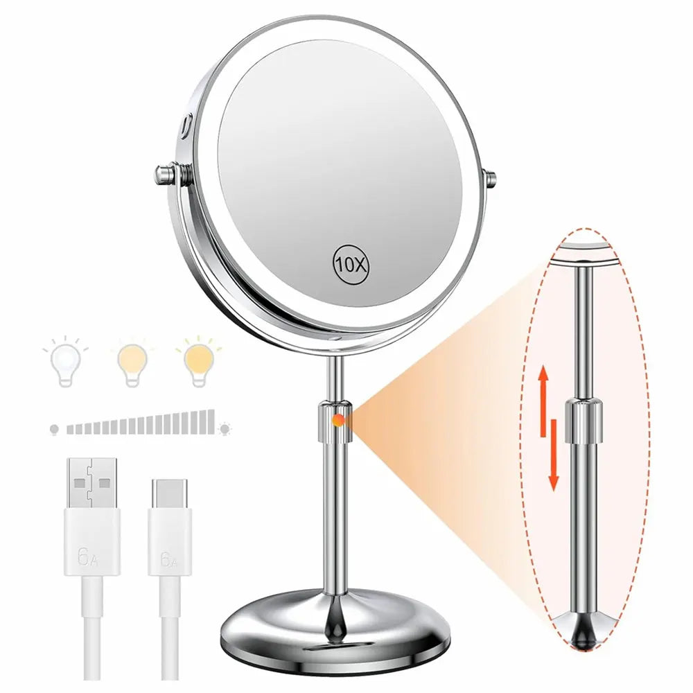 Lighted magnifying cosmetic mirror with adjustable height and 10X magnification for detailed makeup application