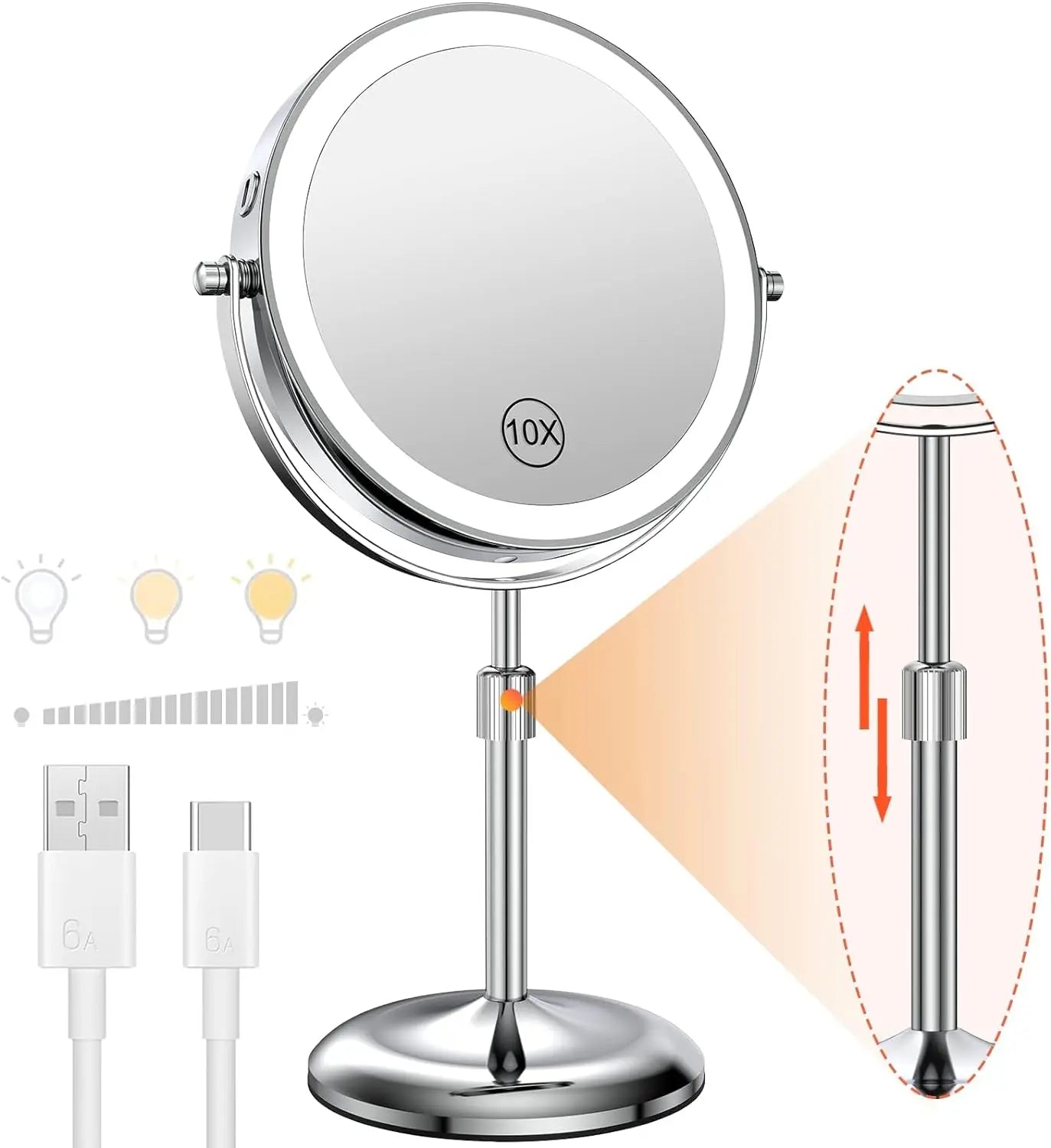 Lighted magnifying cosmetic mirror with a 10X reflection and adjustable height for detailed makeup application