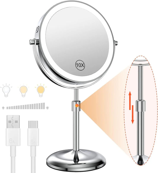 Lighted magnifying cosmetic mirror with a 10X reflection and adjustable height for detailed makeup application