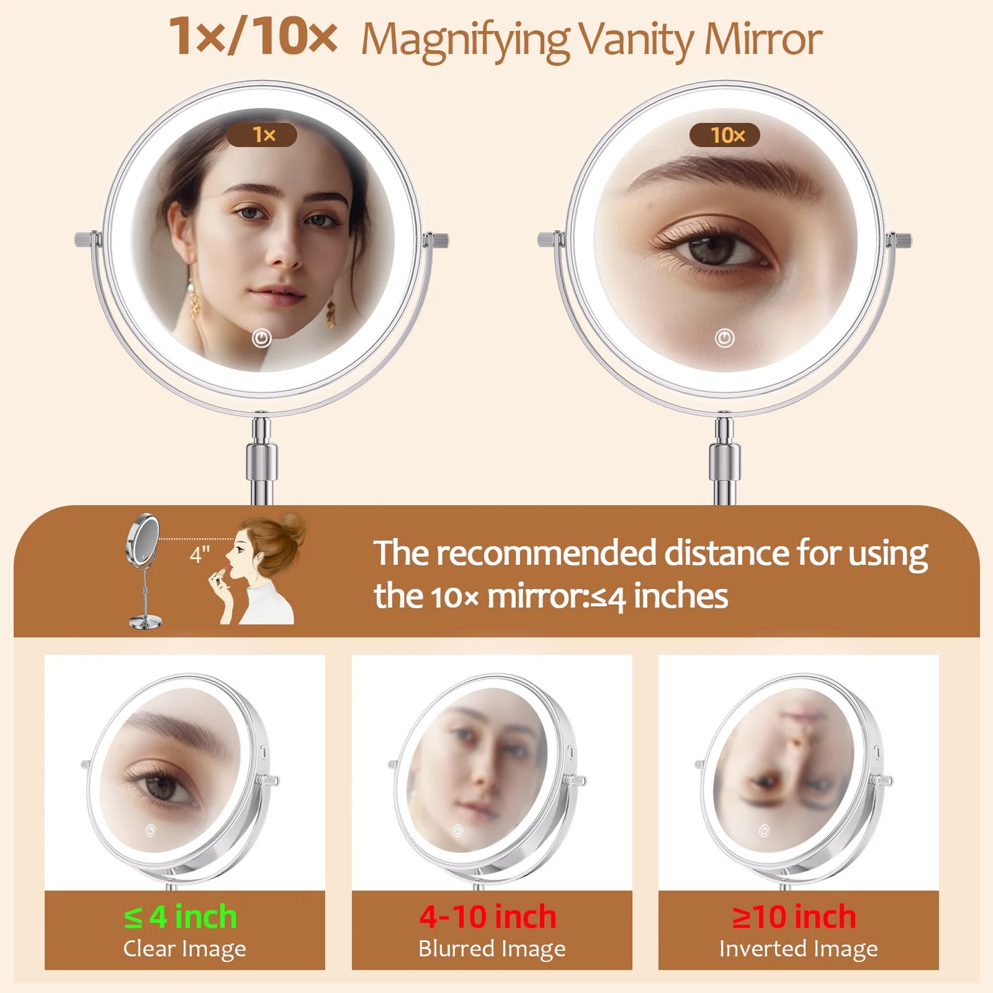 Nutshell lighted magnifying cosmetic mirror with 1x and 10x magnification for detailed makeup application