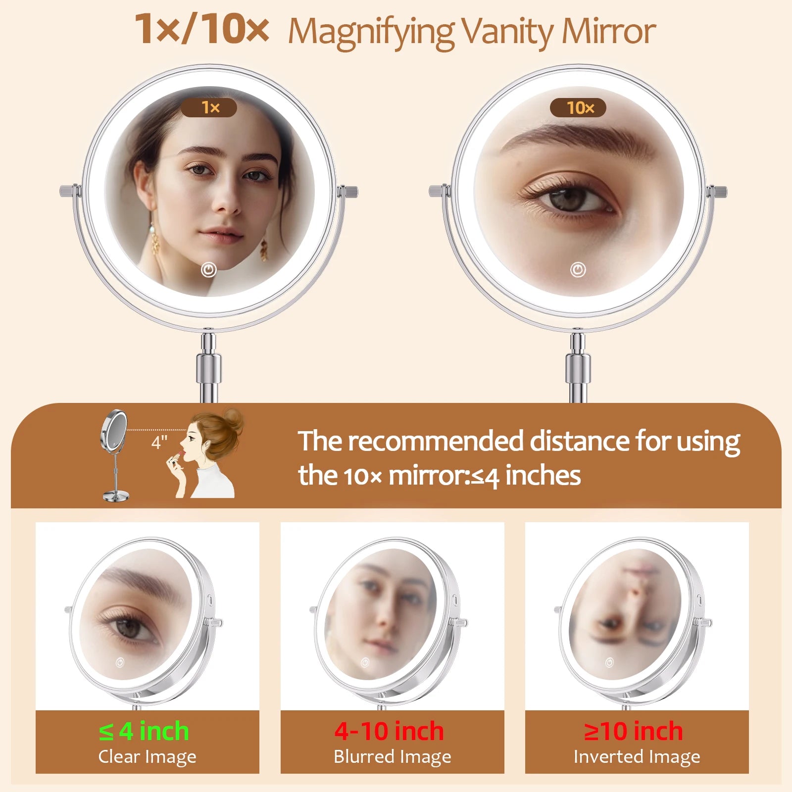 Nutshell lighted magnifying cosmetic mirror with 1x and 10x magnification for detailed makeup application