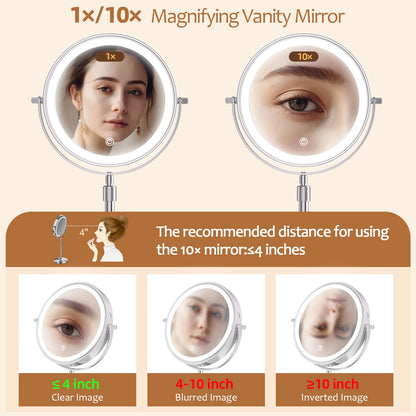 Nutshell lighted magnifying cosmetic mirror with 1x and 10x magnification for detailed makeup application