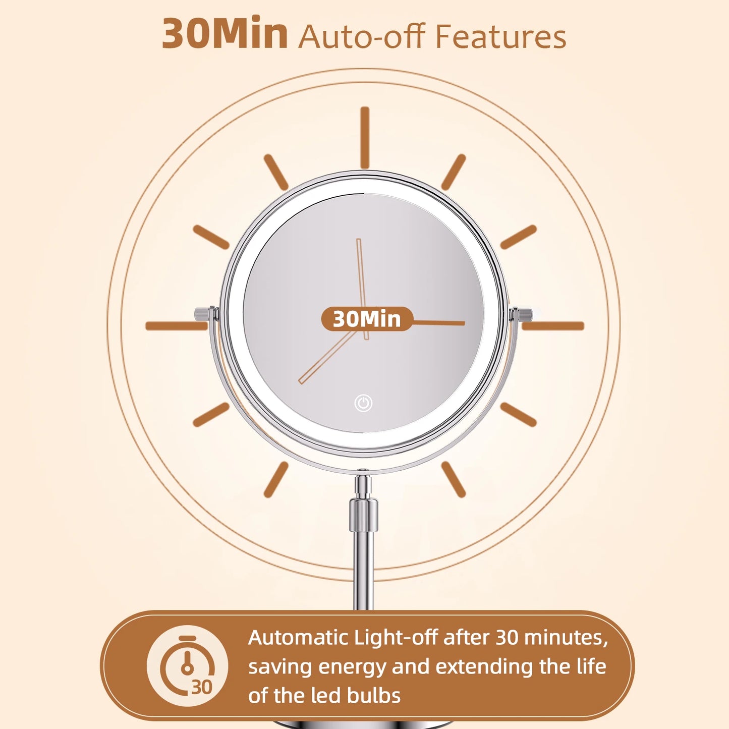 Lighted magnifying cosmetic mirror with 30-minute auto-off feature for energy savings