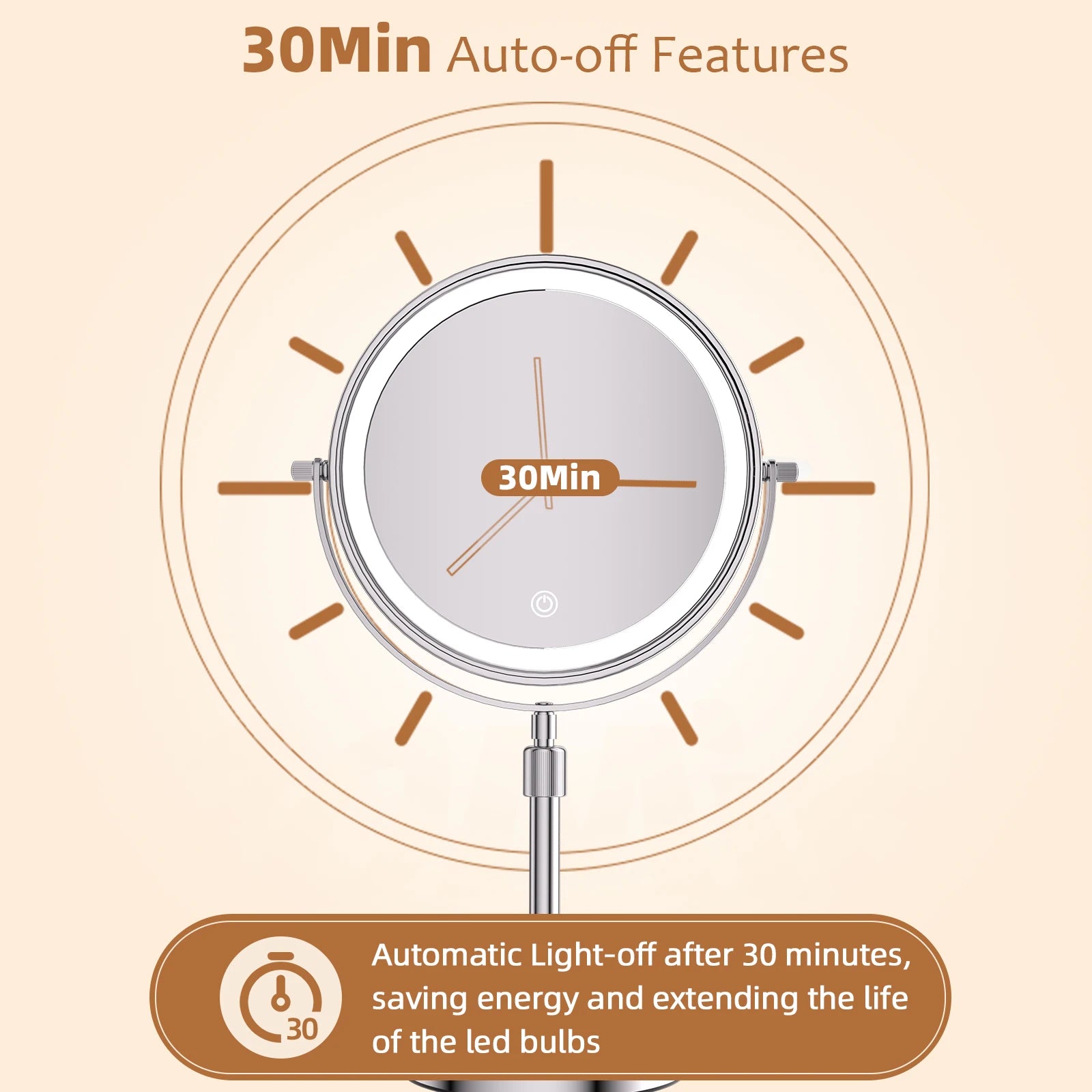 Lighted magnifying cosmetic mirror with 30-minute auto-off feature for energy savings