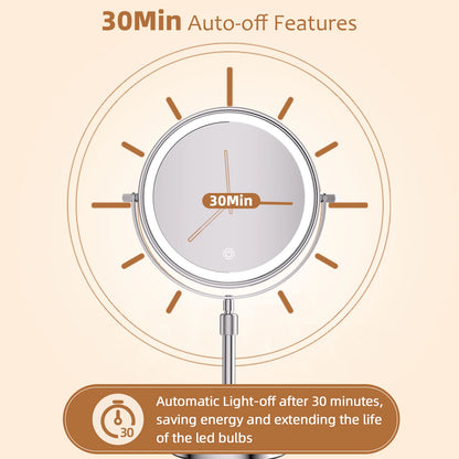 Lighted magnifying cosmetic mirror with 30-minute auto-off feature for energy savings