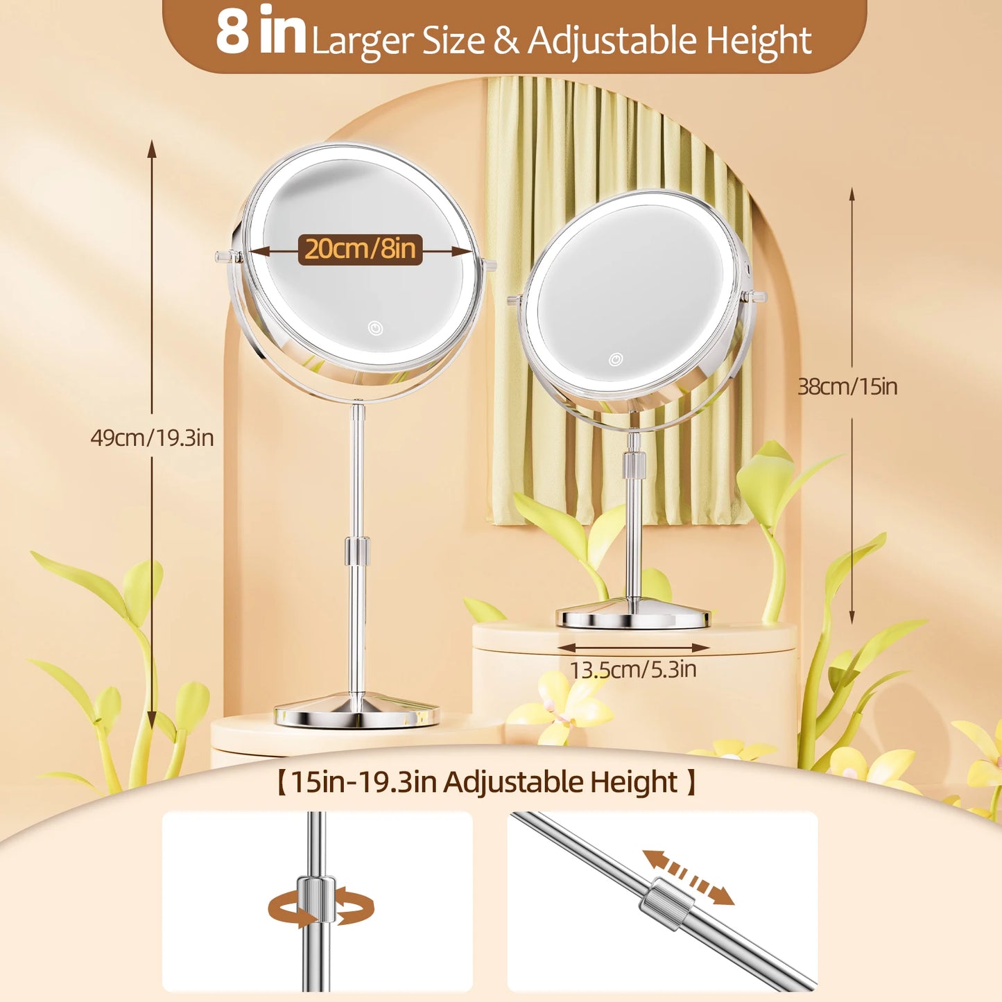 Lighted magnifying cosmetic mirror with adjustable height and larger 8 inch size for easy use