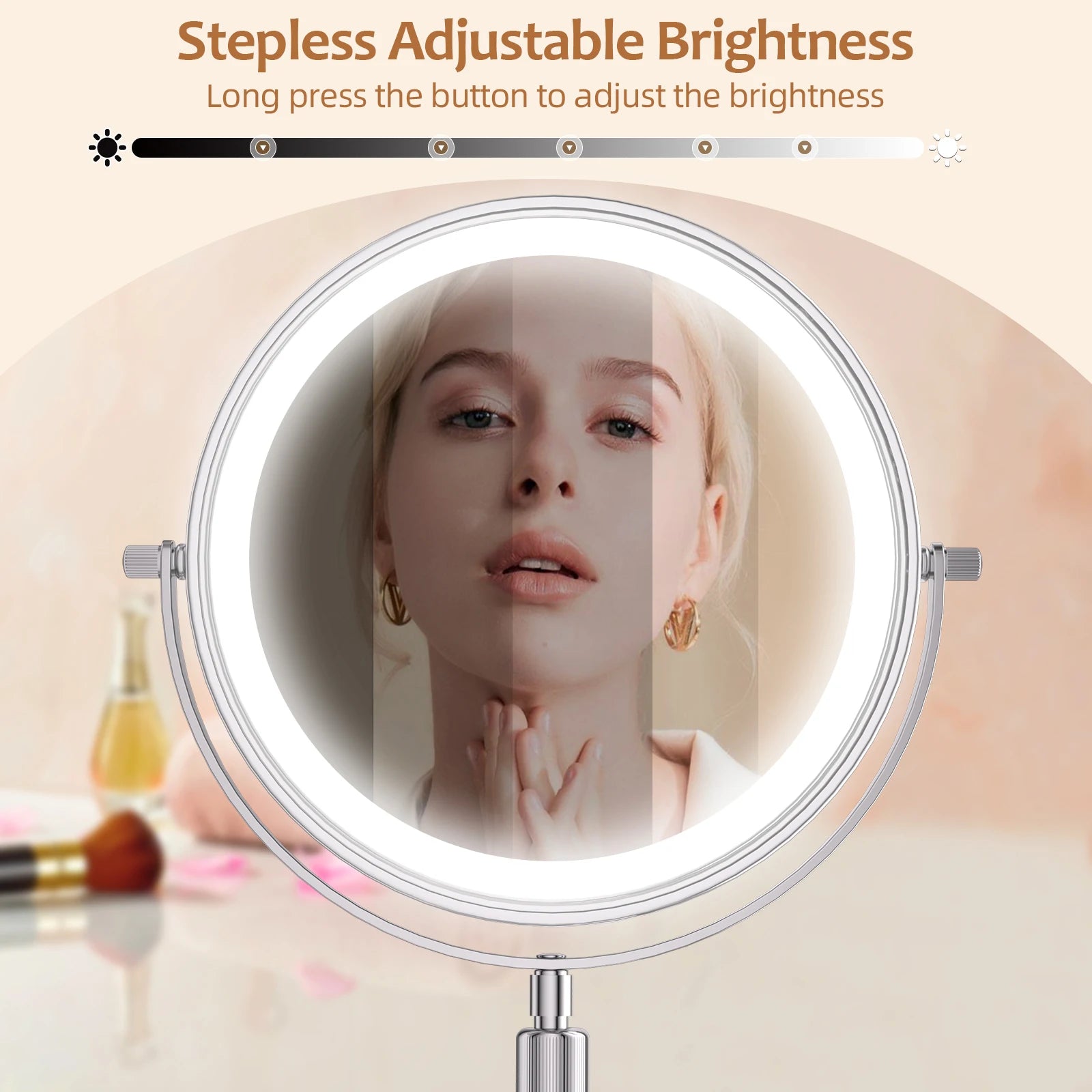 Nutshell lighted magnifying cosmetic mirror with stepless adjustable brightness for precise makeup application