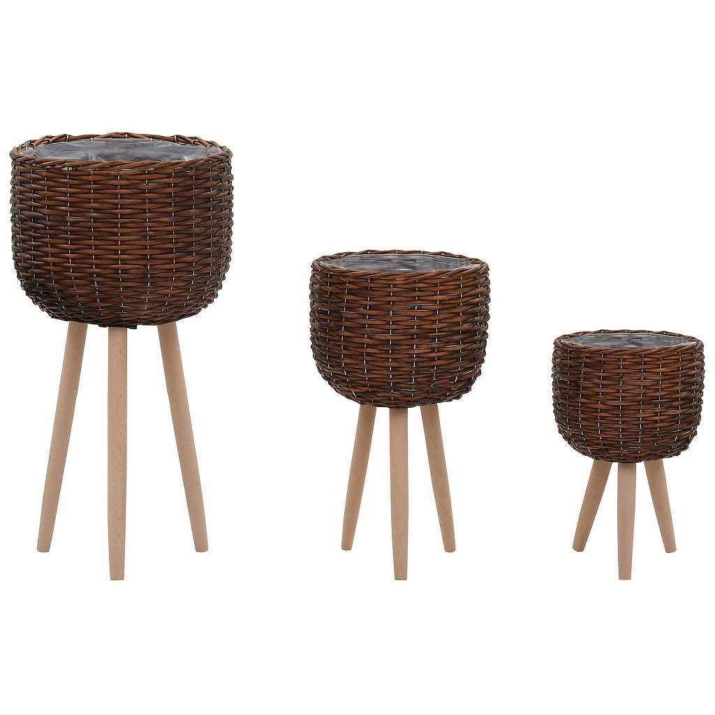 Set of three brown lined plater baskets on wooden legs for stylish plant display