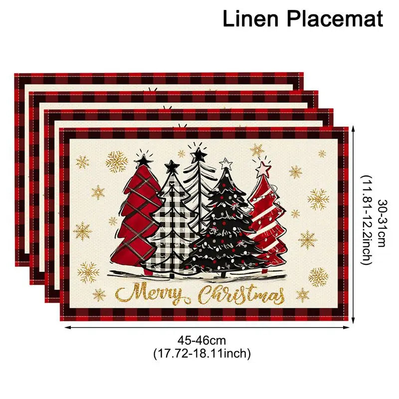 Set of Linen Christmas Tree Placemats featuring festive trees and holiday decorations in red and black