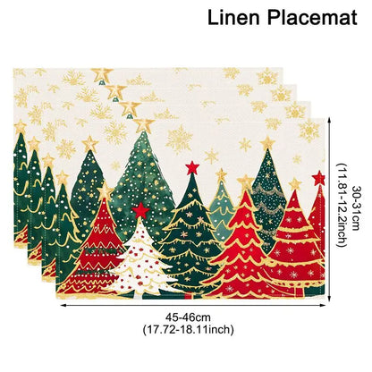 Linen Christmas Tree Placemats featuring colorful trees and holiday designs for festive dining decor