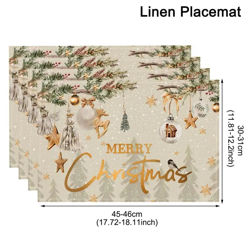 Linen Christmas Tree Placemats featuring festive decorations and a cheerful Merry Christmas design
