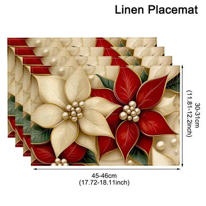Set of Linen Christmas Tree Placemats with festive floral designs for holiday dining decor
