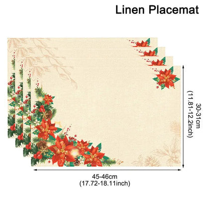 Linen Christmas Tree Placemats with festive poinsettia designs in vibrant colors for holiday table settings