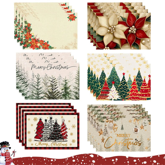 Set of Linen Christmas Tree Placemats featuring festive designs for holiday dining