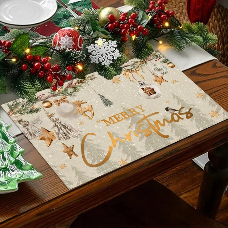 Linen Christmas Tree Placemats featuring festive designs and a Merry Christmas message for holiday dining