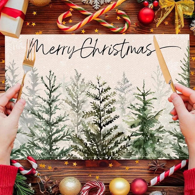 Linen Christmas Tree Placemats featuring green pine trees and a Merry Christmas design for festive dining