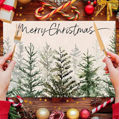 Linen Christmas Tree Placemats featuring green pine trees and a Merry Christmas design for festive dining