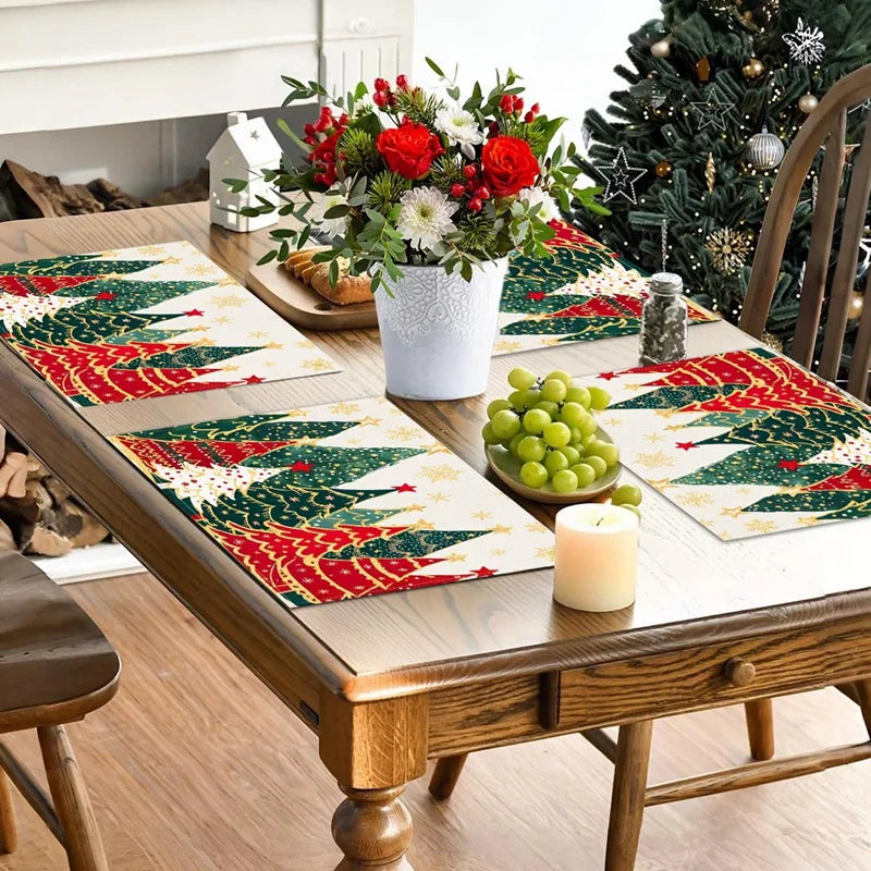 Linen Christmas Tree Placemats on a dining table with a flower vase and decorative items