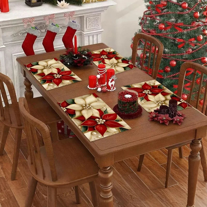 Linen Christmas Tree Placemats with festive red and gold floral design for holiday table settings