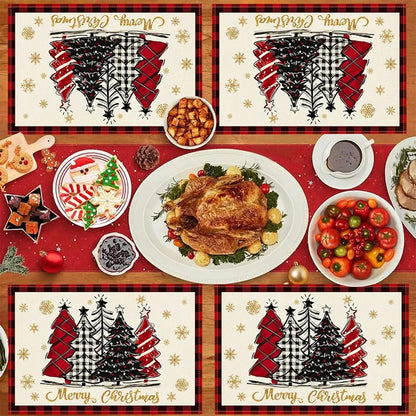 Festive Linen Christmas Tree Placemats featuring red and black trees for holiday dining decor