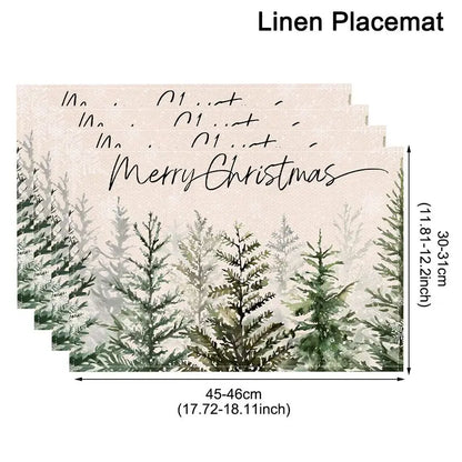 Linen Christmas Tree Placemats with Fern Design, Set of Four for Holiday Dining Decor