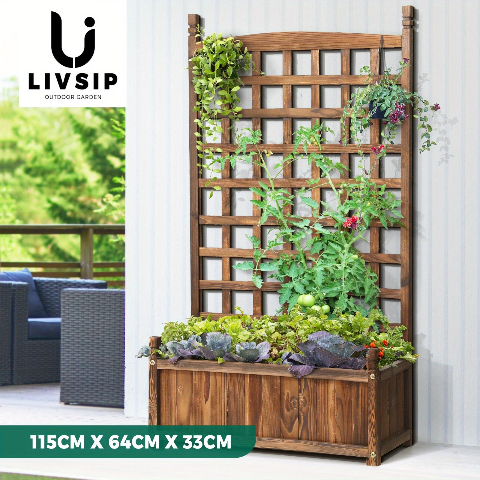 Nutshell Raised Wooden Garden Bed featuring a trellis for climbing plants and a spacious planting area