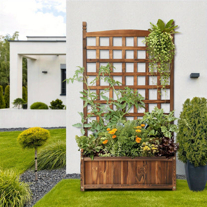 Nutshell Raised Wooden Garden Bed with Trellis, filled with colorful flowers and vegetables in a landscaped yard