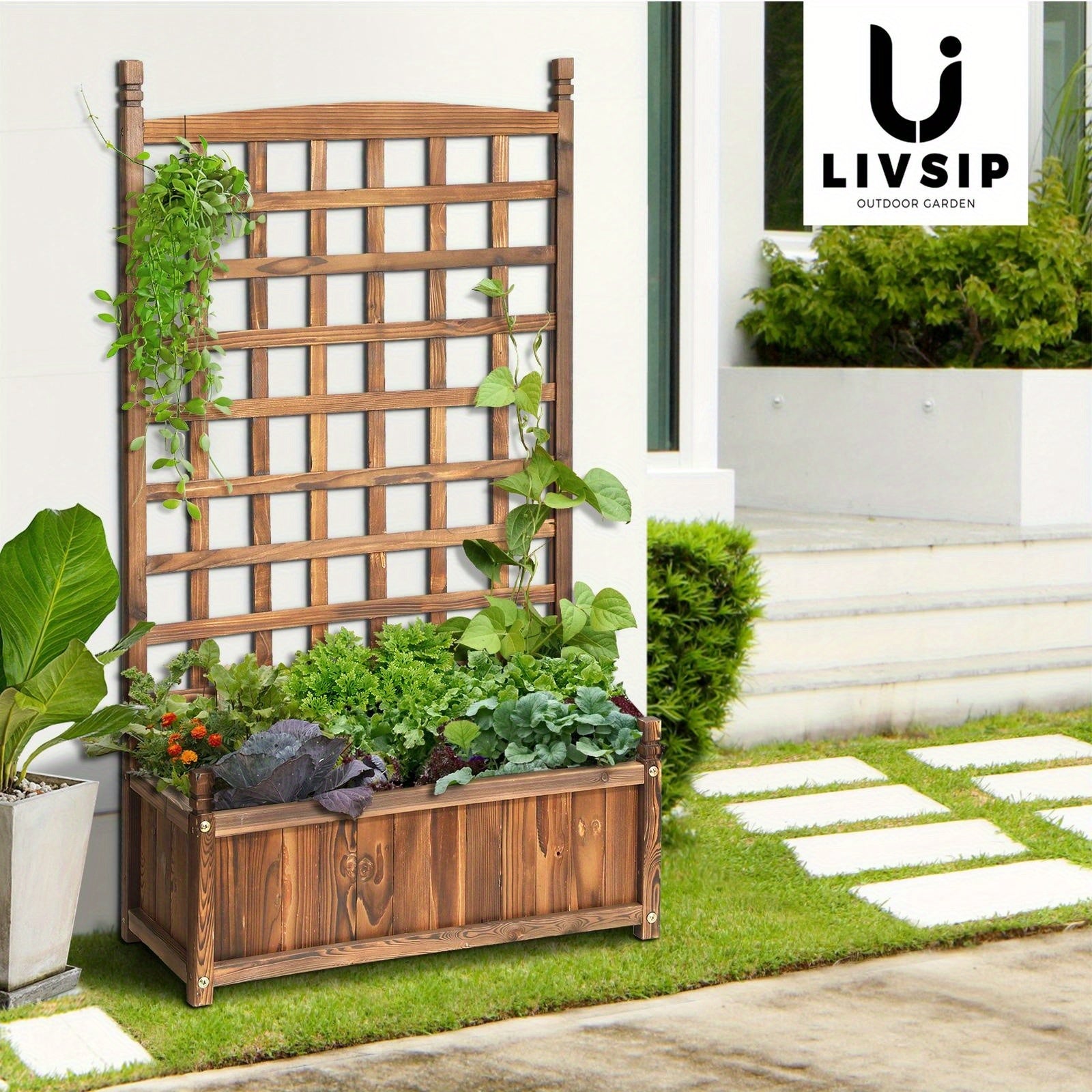 Nutshell Raised Wooden Garden Bed with Trellis, Perfect for Growing Vegetables and Herbs Outdoors