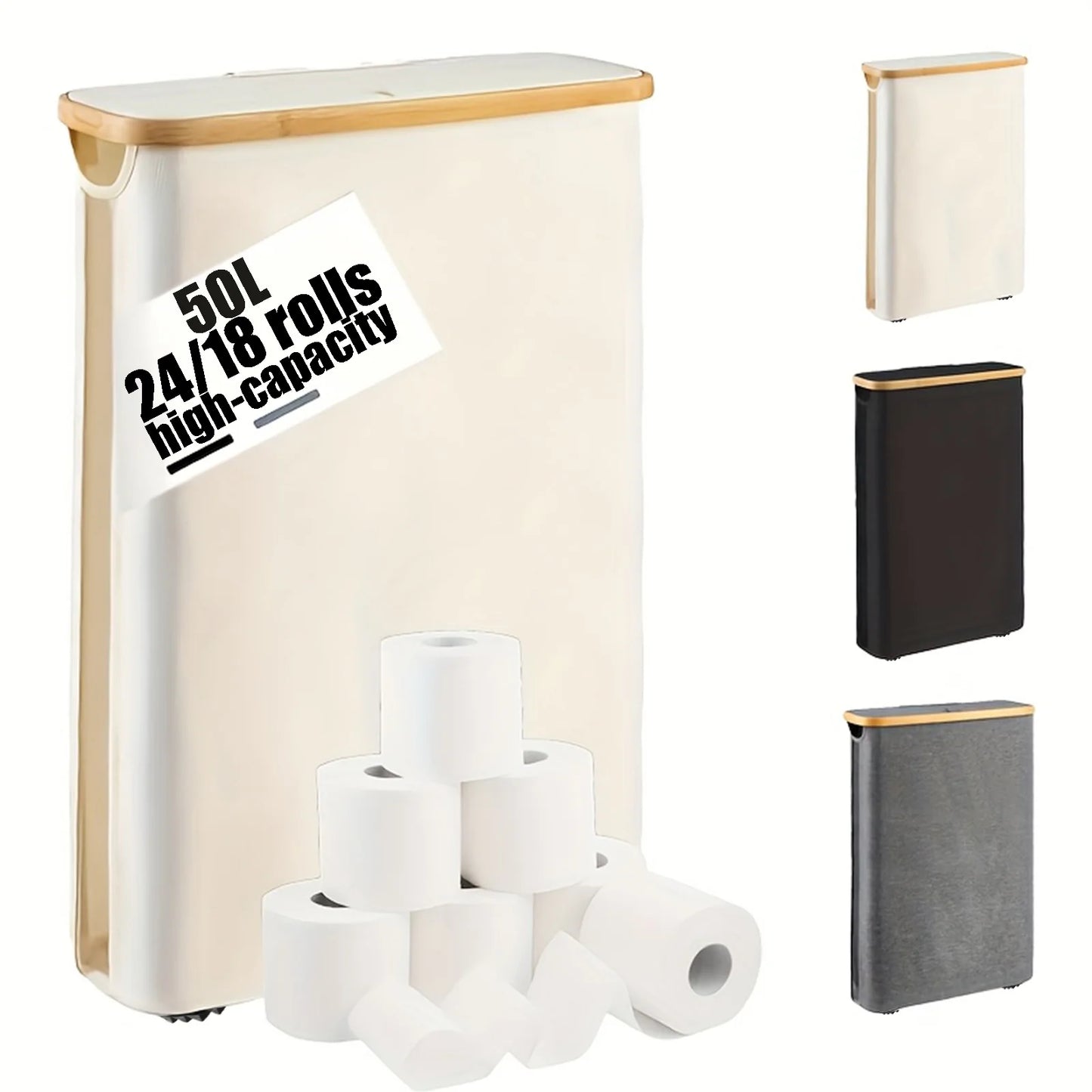 Nutshell Long Roll Paper Storage Box with 50L capacity for 24 or 18 rolls, available in multiple colors