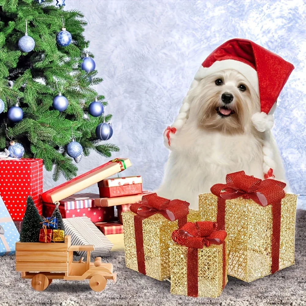 Nutshell luminous Christmas gift box decorations with colorful boxes and festive tree in the background