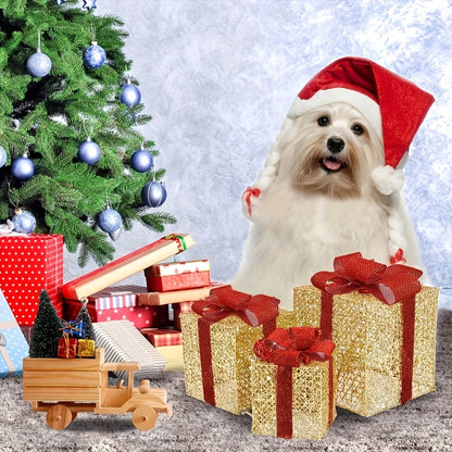 Nutshell luminous Christmas gift box decorations with colorful boxes and festive tree in the background