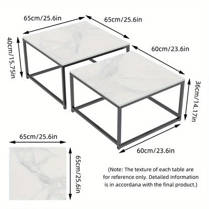 Nutshell Rectangle Nesting Coffee Table Set with white marble tops and black metal frames showing dimensions