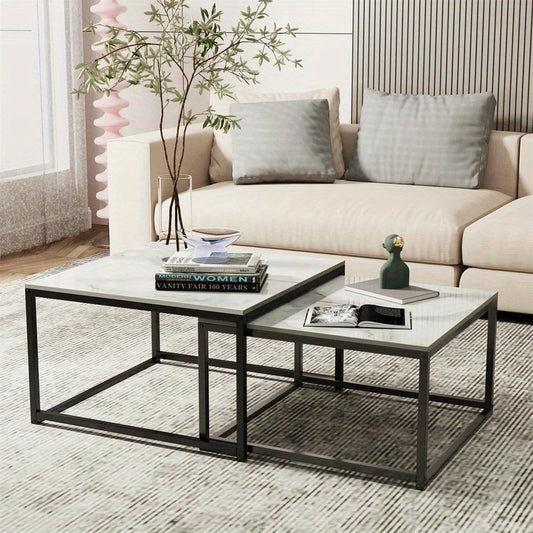 Nutshell Rectangle Nesting Coffee Table Set with black metal frames and white tops in modern living room