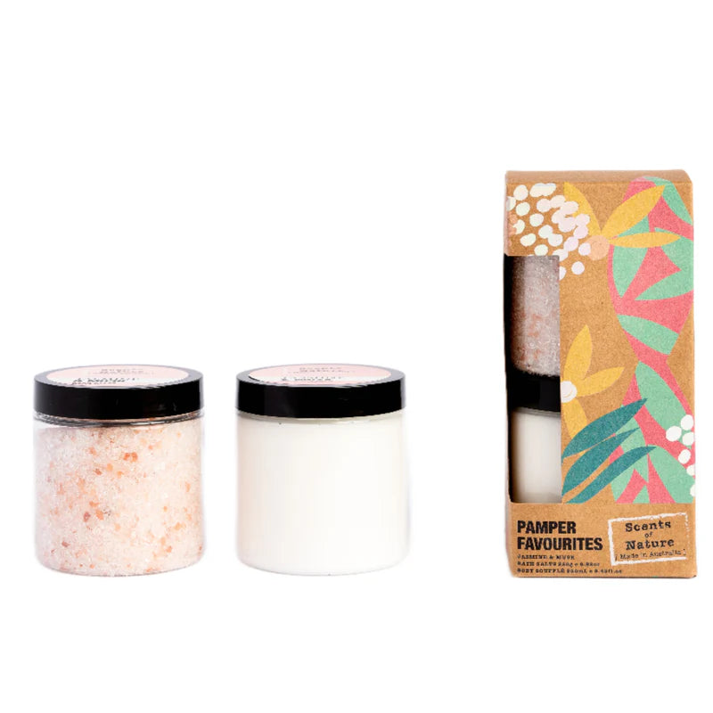 Nutshell luxurious bath salts set with pink Himalayan salt and creamy moisturizer in black-lid jars and colorful packaging