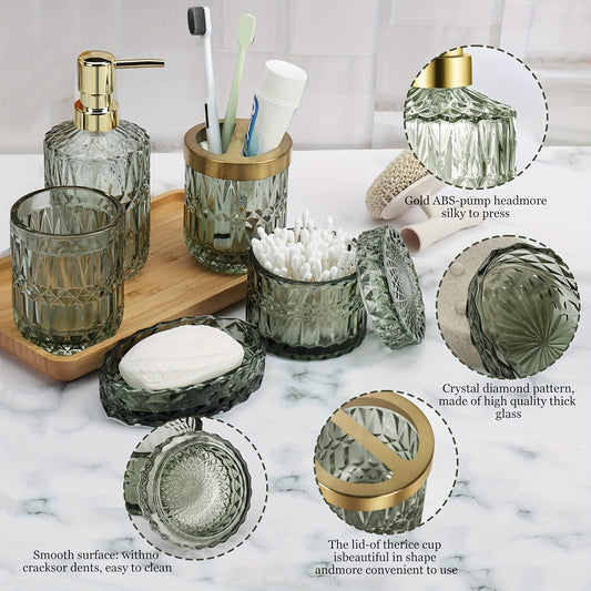 Nutshell 5pcs luxurious bathroom set with crystal diamond pattern and gold pump for stylish organization
