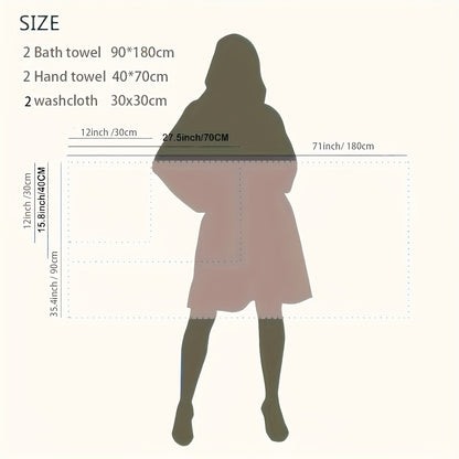 Luxury bath towel set dimensions showing two bath towels and hand towels with washcloth in soft colors